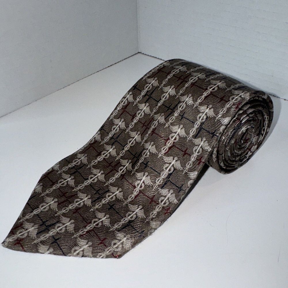 NECKTIE Doctor Tonal medicine Caduceus 2000 Ralph Marlin gray burgundy blue‎ 56"